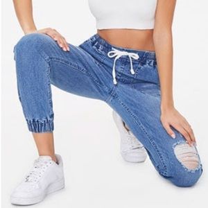 Distressed denim joggers